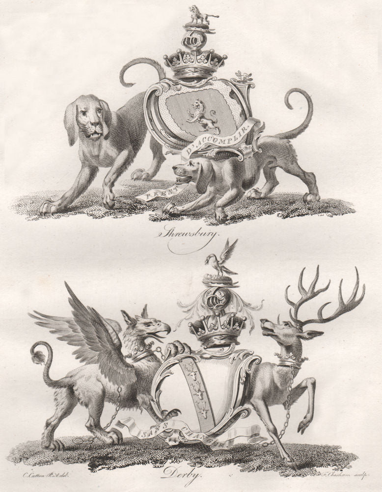 SHREWSBURY; DERBY. Coat of Arms. Heraldry 1790 old antique print picture